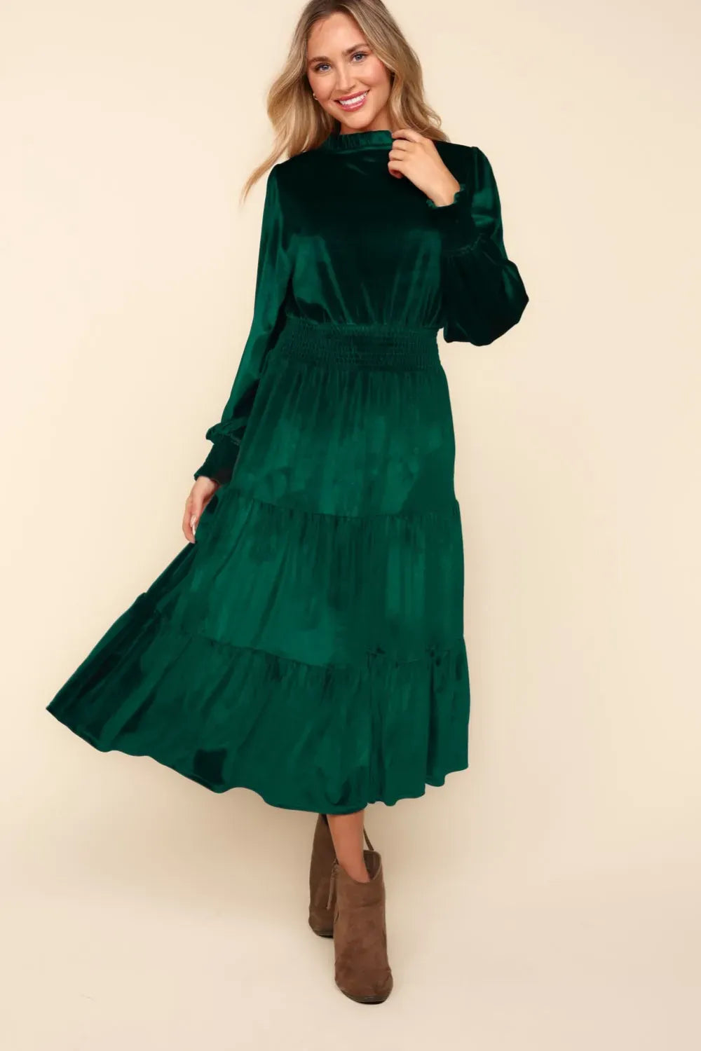 Velvet Tiered Dress with Smocked Waist & Mock Neck Dresses Hunter Green / S The Nichole Collection