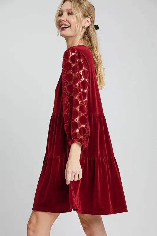 Velvet Tiered Mini Dress with Sheer Dotted Lace Sleeves Dresses The Nichole Collection