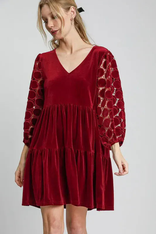 Velvet Tiered Mini Dress with Sheer Dotted Lace Sleeves Dresses Burgundy / S The Nichole Collection