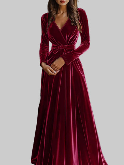 Velvet Wrap Surplice Maxi Dress Maxi Dress Burgundy / S The Nichole Collection