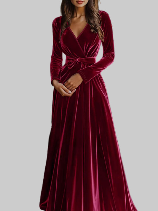 Velvet Wrap Surplice Maxi Dress Maxi Dress Burgundy / S The Nichole Collection