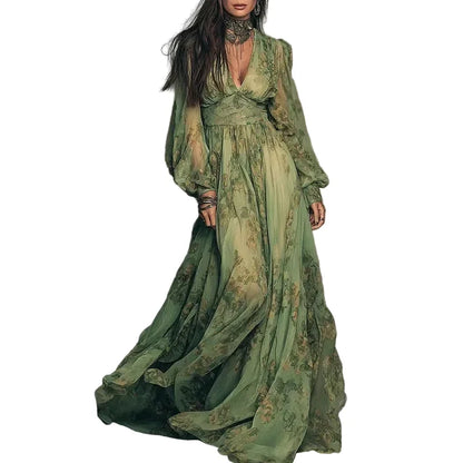 Vintage Floral Pleated Maxi Dress Green / S Maxi Dresses The Nichole Collection