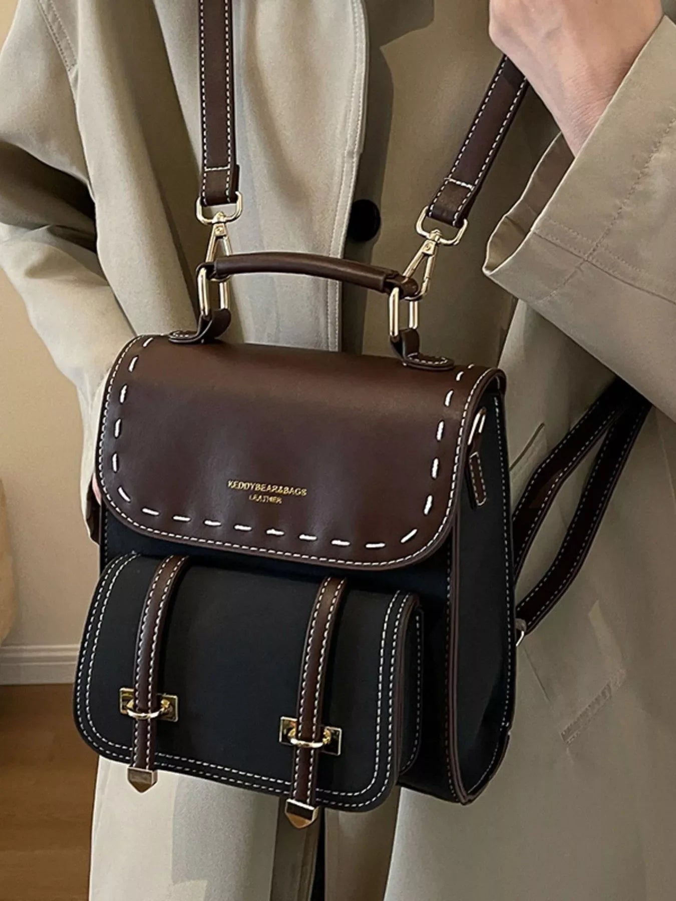 Vintage Style Leather Backpack Bag Black / ONESIZE The Nichole Collection - Official Site