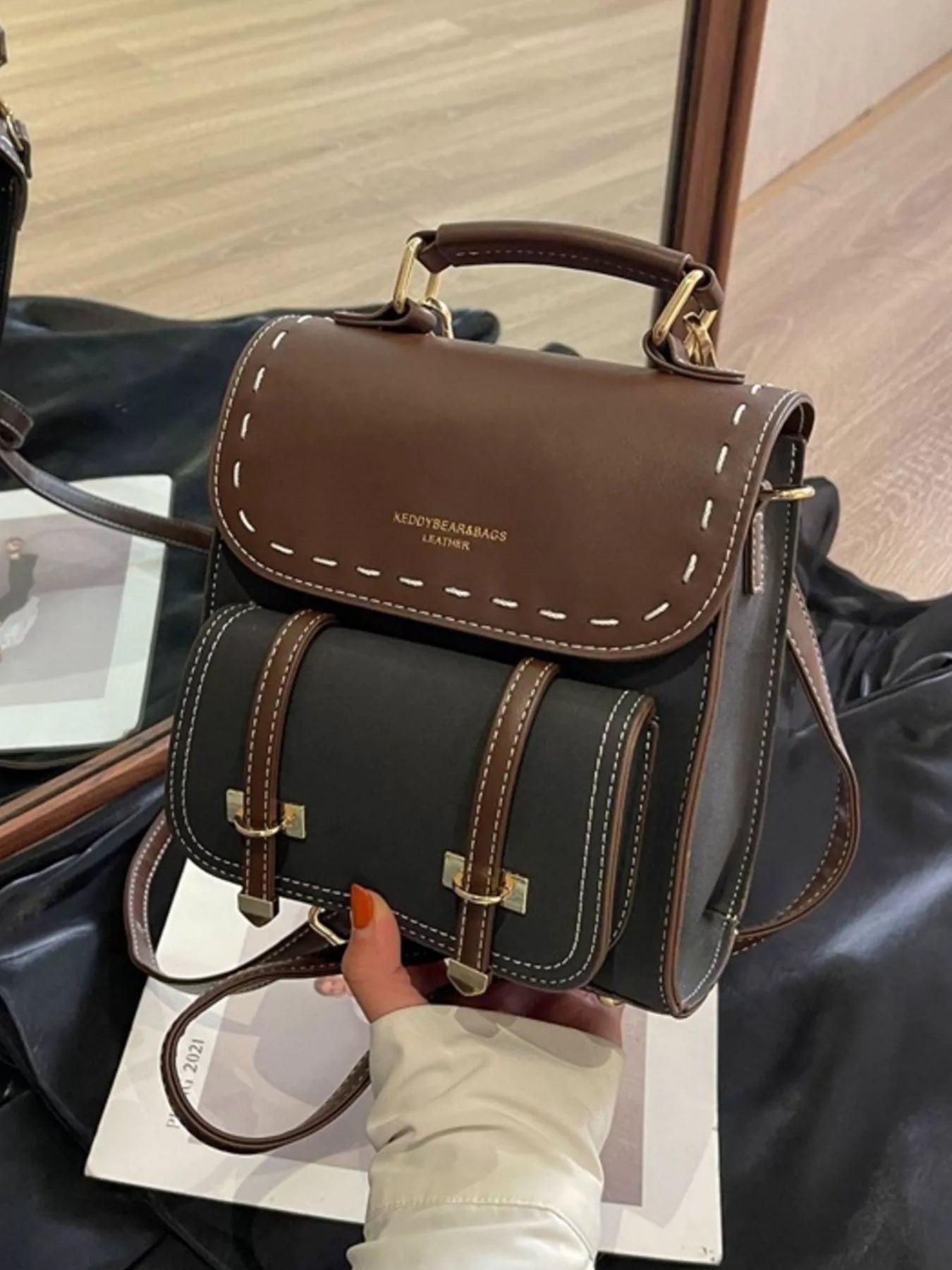 Vintage Style Leather Backpack Bag Black / ONESIZE The Nichole Collection - Official Site