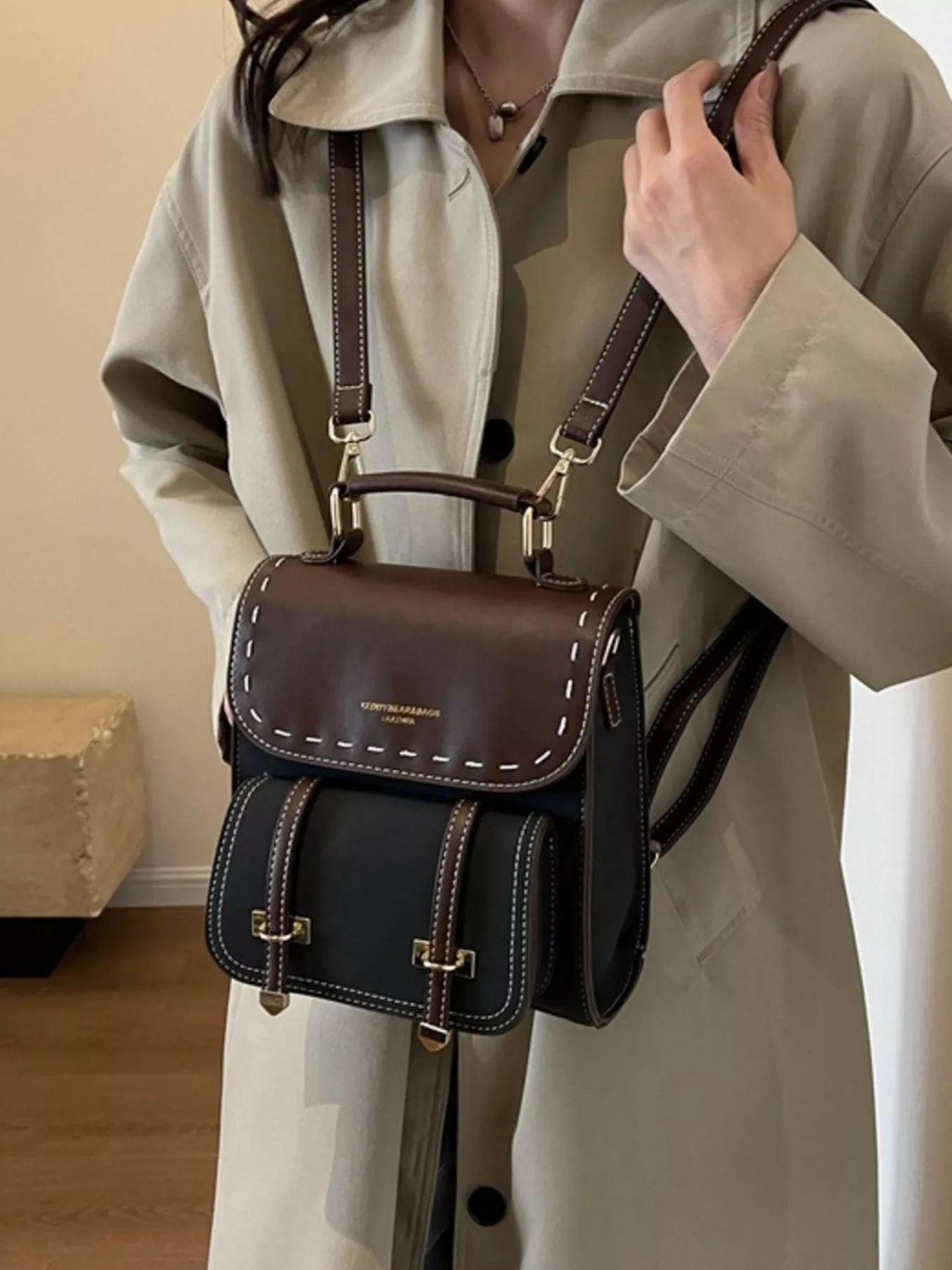 Vintage Style Leather Backpack Bag Black / ONESIZE The Nichole Collection - Official Site