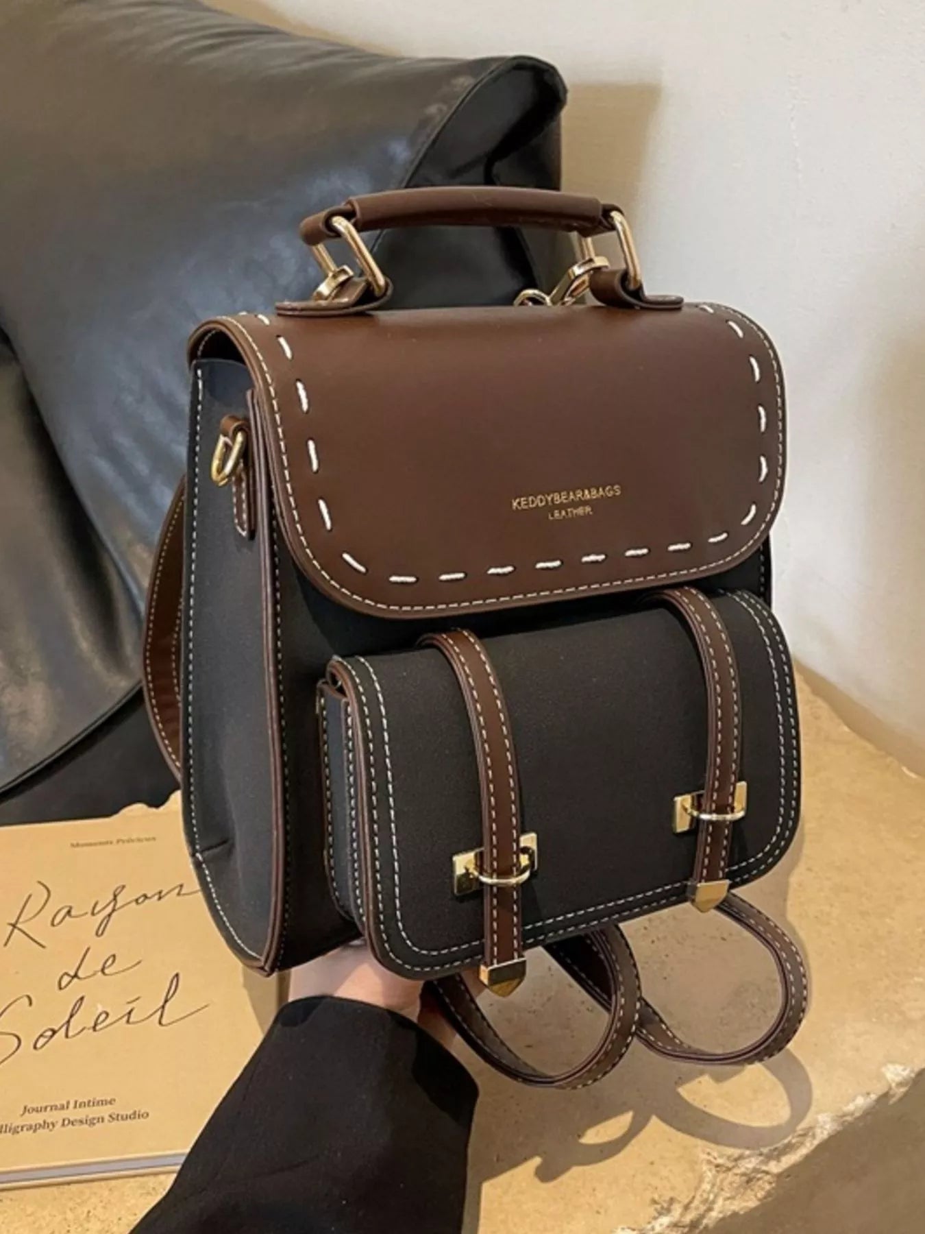 Vintage Style Leather Backpack Bag Black / ONESIZE The Nichole Collection - Official Site