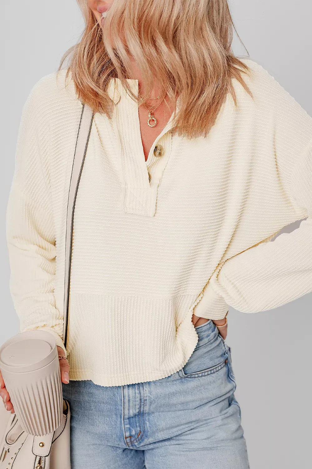 Waffle Knit Lantern Sleeve Henley Top The Nichole Collection - Official Site