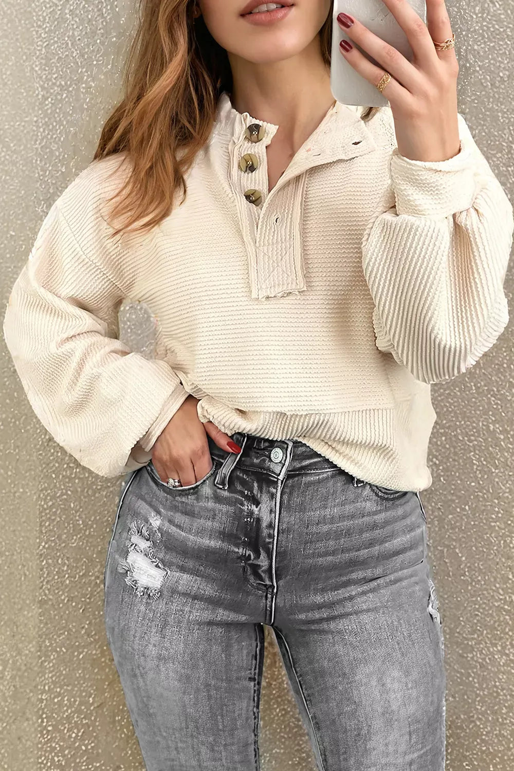 Waffle Knit Lantern Sleeve Henley Top The Nichole Collection - Official Site