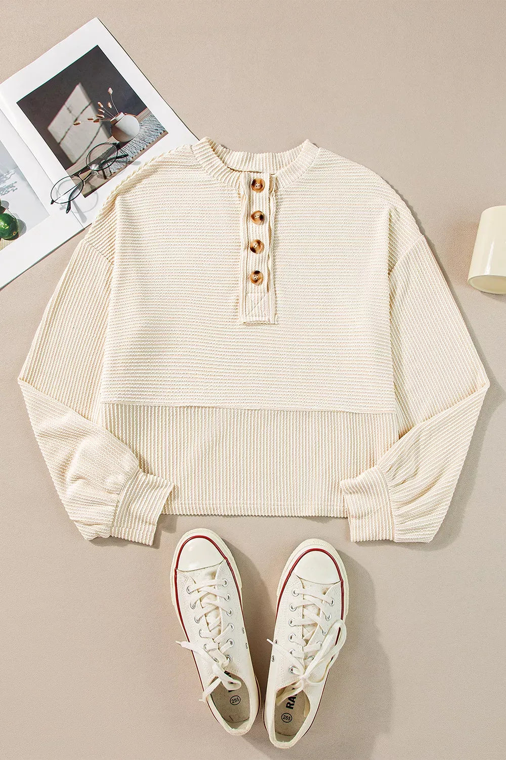 Waffle Knit Lantern Sleeve Henley Top The Nichole Collection - Official Site