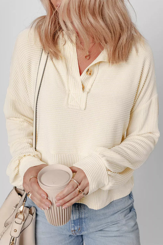 Waffle Knit Lantern Sleeve Henley Top Ivory / M The Nichole Collection - Official Site