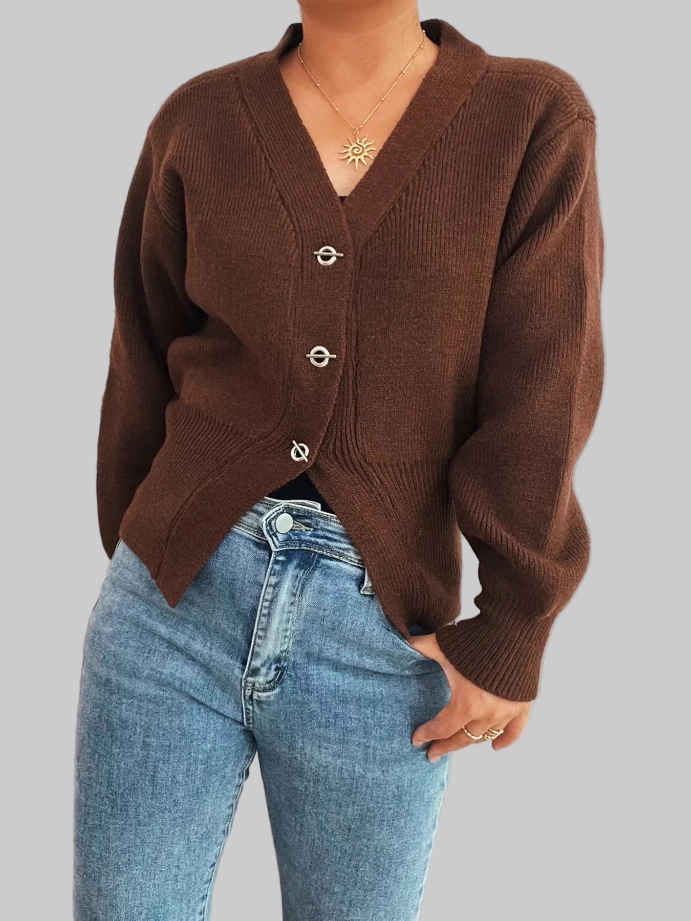 Waist-Defined Button-Up Cardigan Cardigan Brown / One Size The Nichole Collection