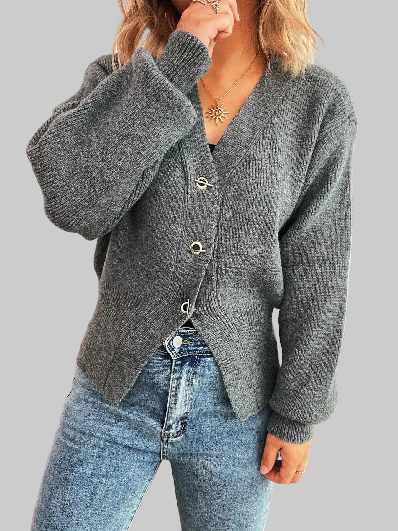 Waist-Defined Button-Up Cardigan Cardigan Gray / One Size The Nichole Collection