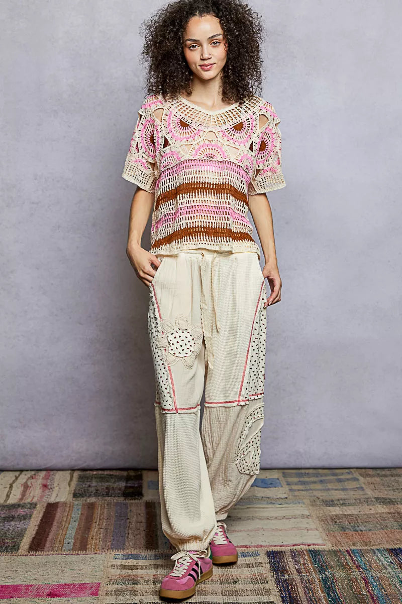 Weave Pattern Short Sleeve Crochet Top with Border Accents Pink Multicolored / One Size Crochet Tops The Nichole Collection - Official Site