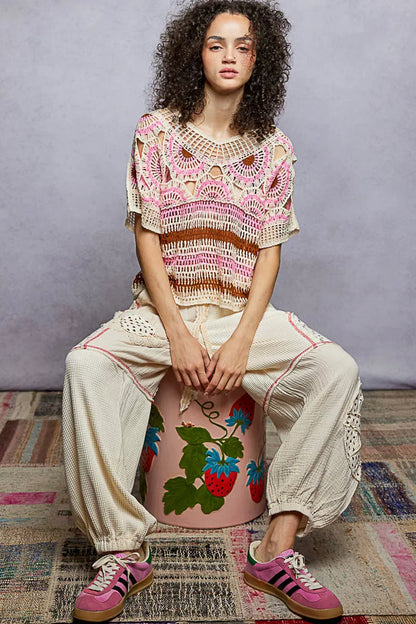 Weave Pattern Short Sleeve Crochet Top with Border Accents Pink Multicolored / One Size Crochet Tops The Nichole Collection - Official Site