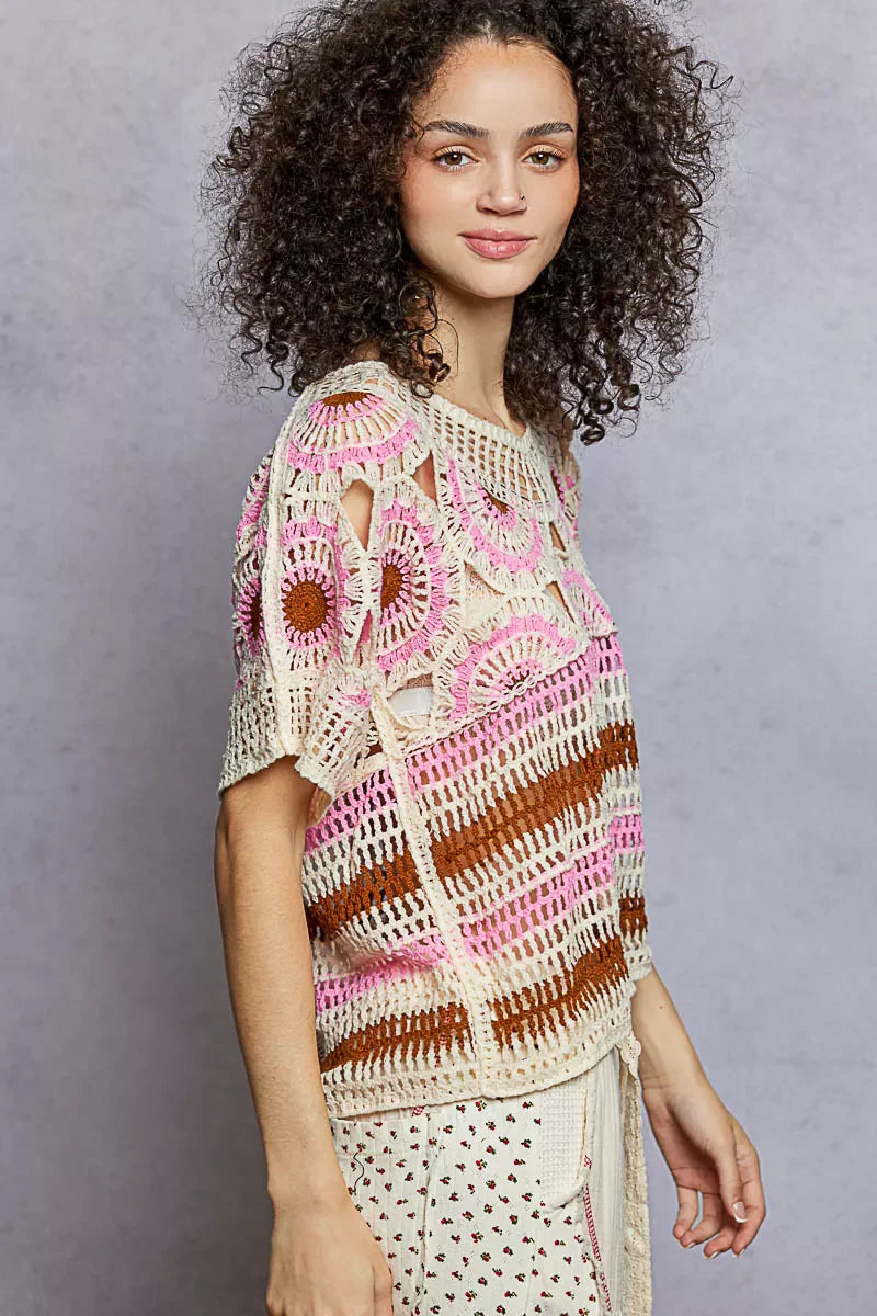 Weave Pattern Short Sleeve Crochet Top with Border Accents Pink Multicolored / One Size Crochet Tops The Nichole Collection - Official Site