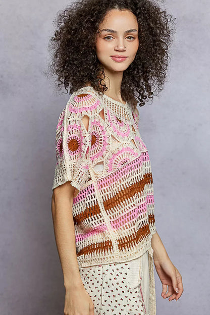 Weave Pattern Short Sleeve Crochet Top with Border Accents Pink Multicolored / One Size Crochet Tops The Nichole Collection - Official Site