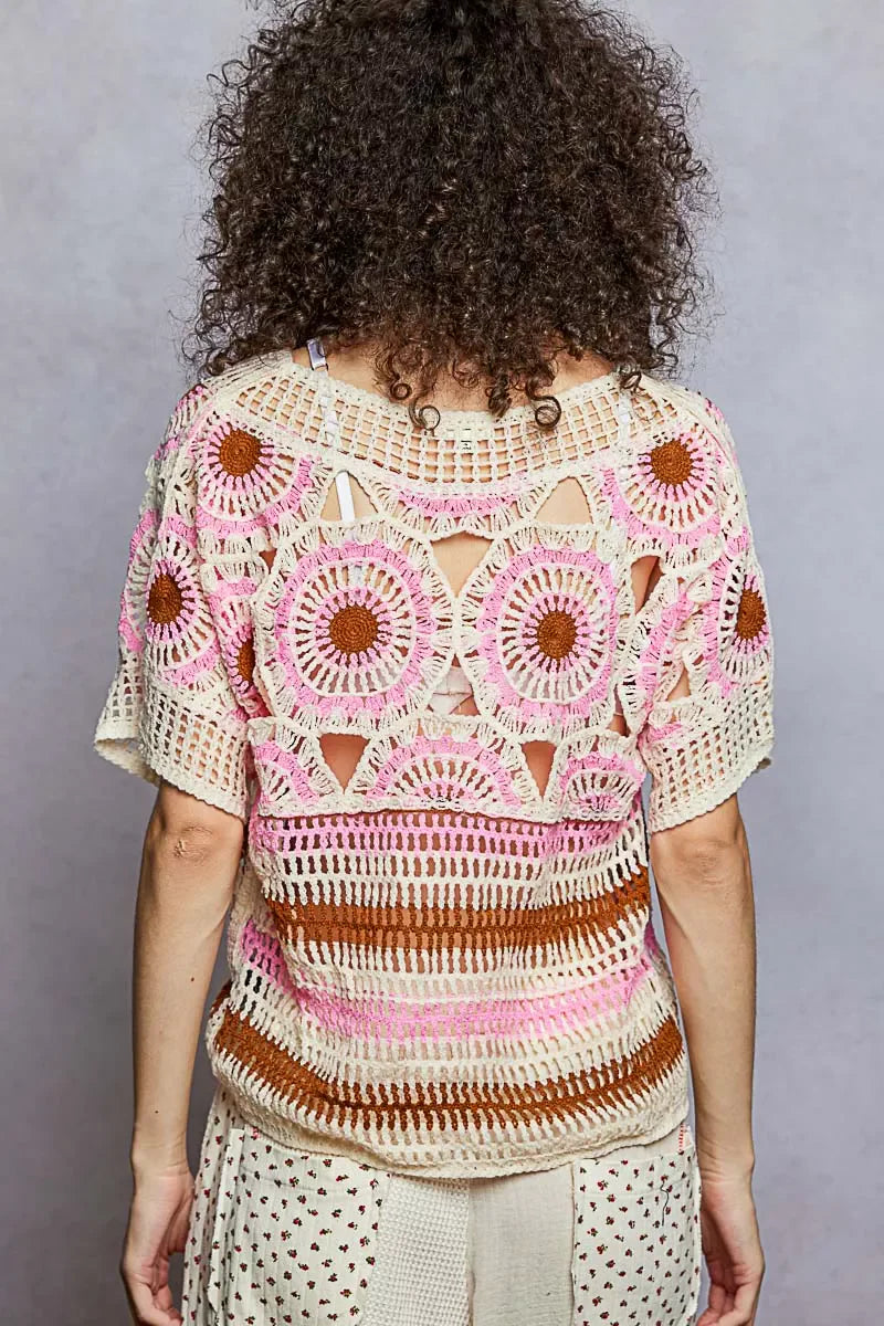 Weave Pattern Short Sleeve Crochet Top with Border Accents Pink Multicolored / One Size Crochet Tops The Nichole Collection - Official Site