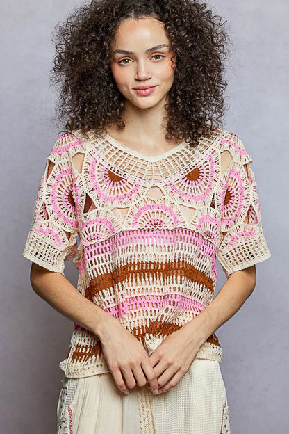 Weave Pattern Short Sleeve Crochet Top with Border Accents Pink Multicolored / One Size Crochet Tops The Nichole Collection - Official Site