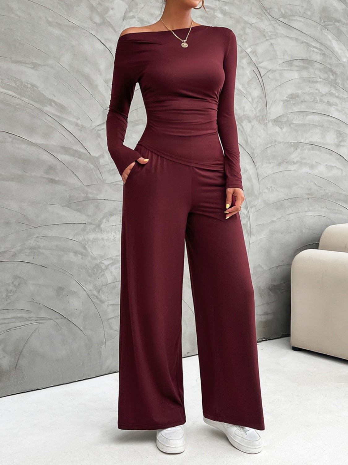 Weekend Perfect Long Sleeve Top and Wide Leg Pants Set Burgundy / S The Nichole Collection