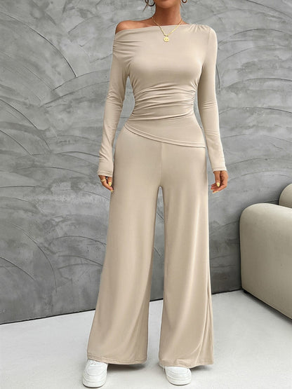 Weekend Perfect Long Sleeve Top and Wide Leg Pants Set Cream / S The Nichole Collection