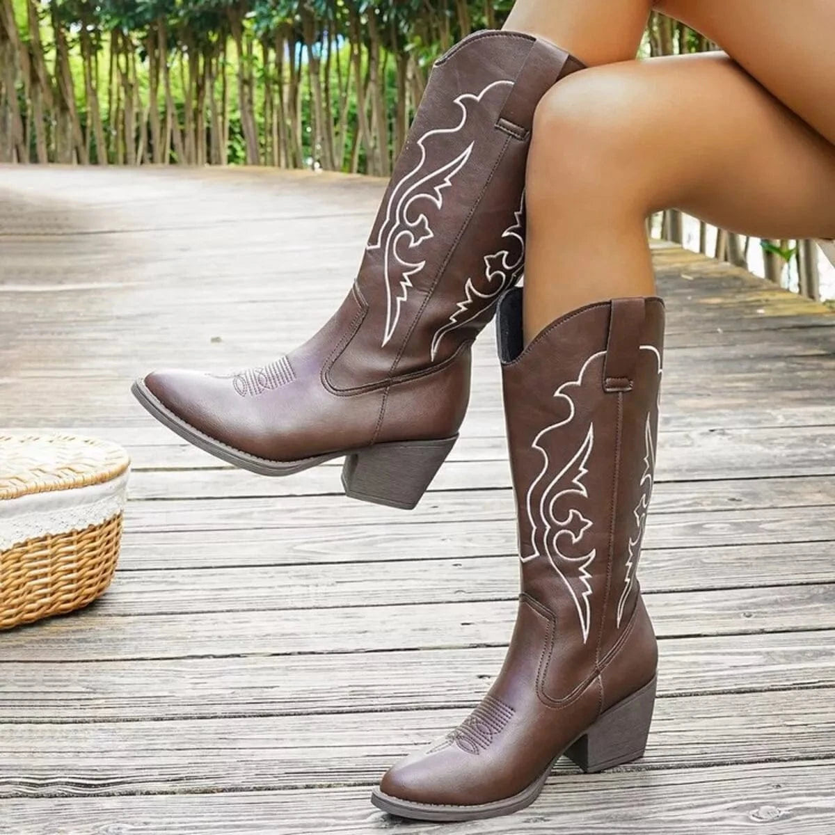 Western Embroidered Mid-Calf Boots Brown / 35 The Nichole Collection
