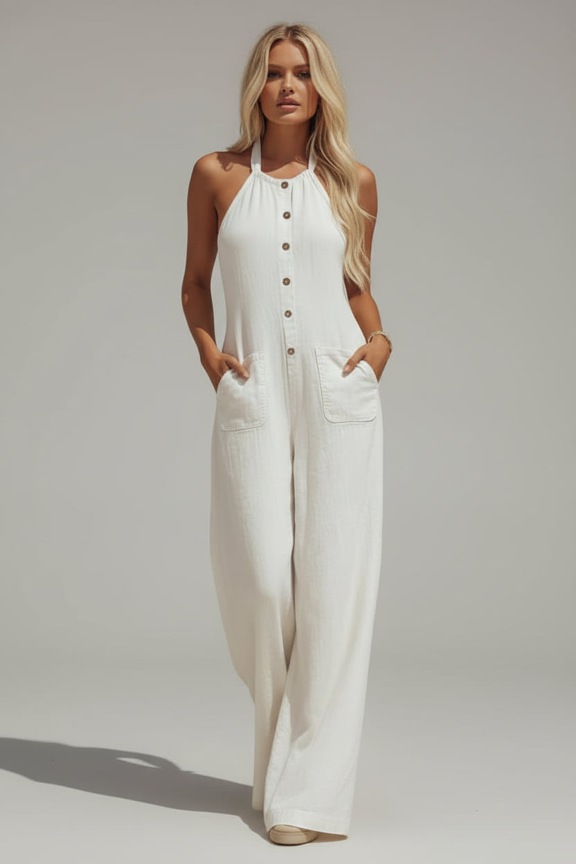 Western French White Halter Wide Leg Jumpsuit White / S The Nichole Collection - Official Site
