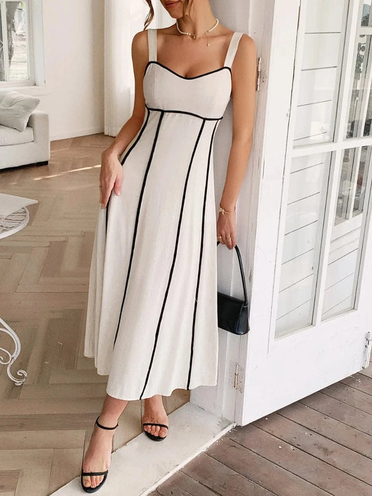 White Midi Dress with Black Piping – Square Neck & Fit-and-Flare Silhouette Beige / S The Nichole Collection