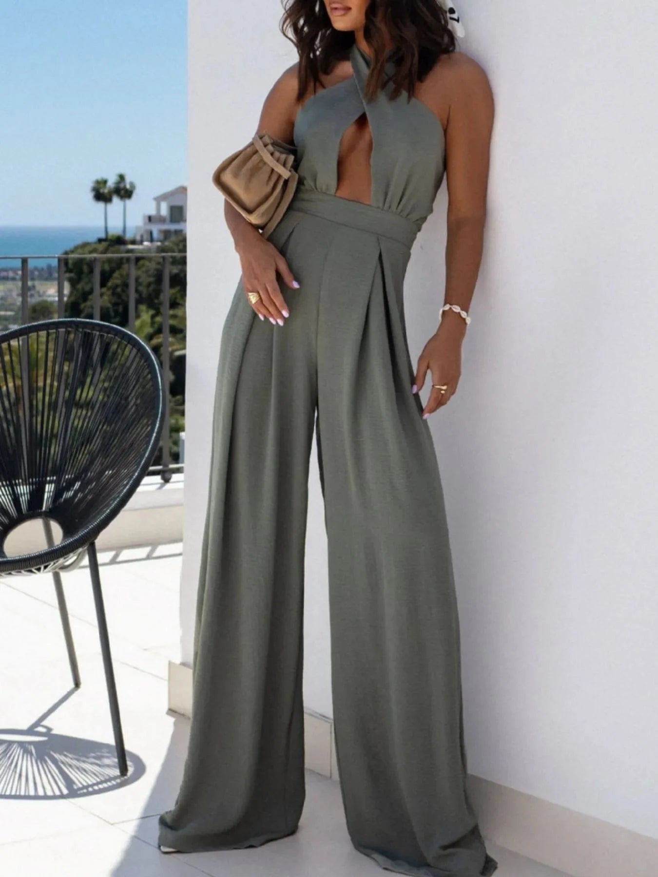 Wide Leg Cutout Halter Neck Jumpsuit Sage / S The Nichole Collection