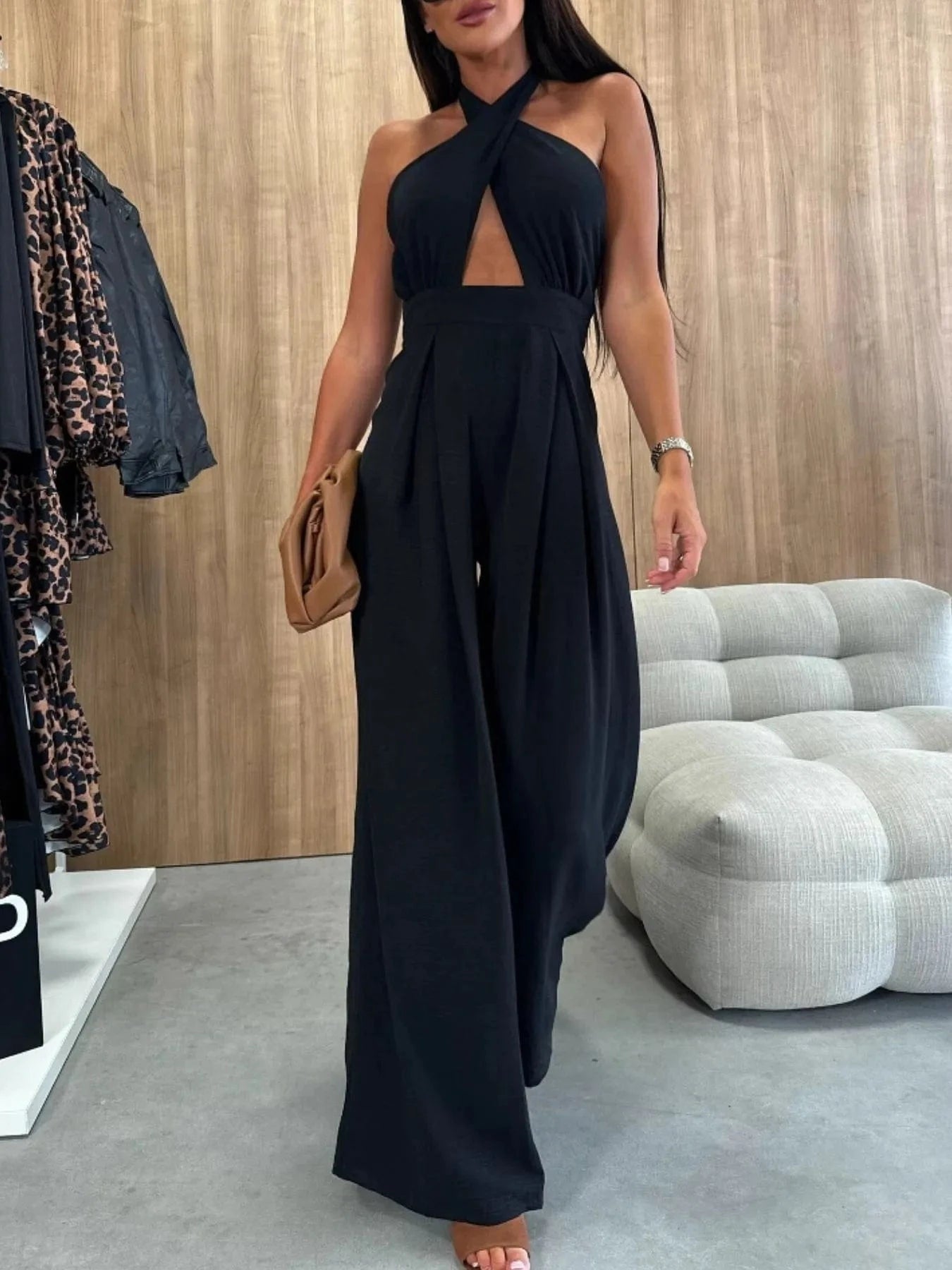 Wide Leg Cutout Halter Neck Jumpsuit The Nichole Collection