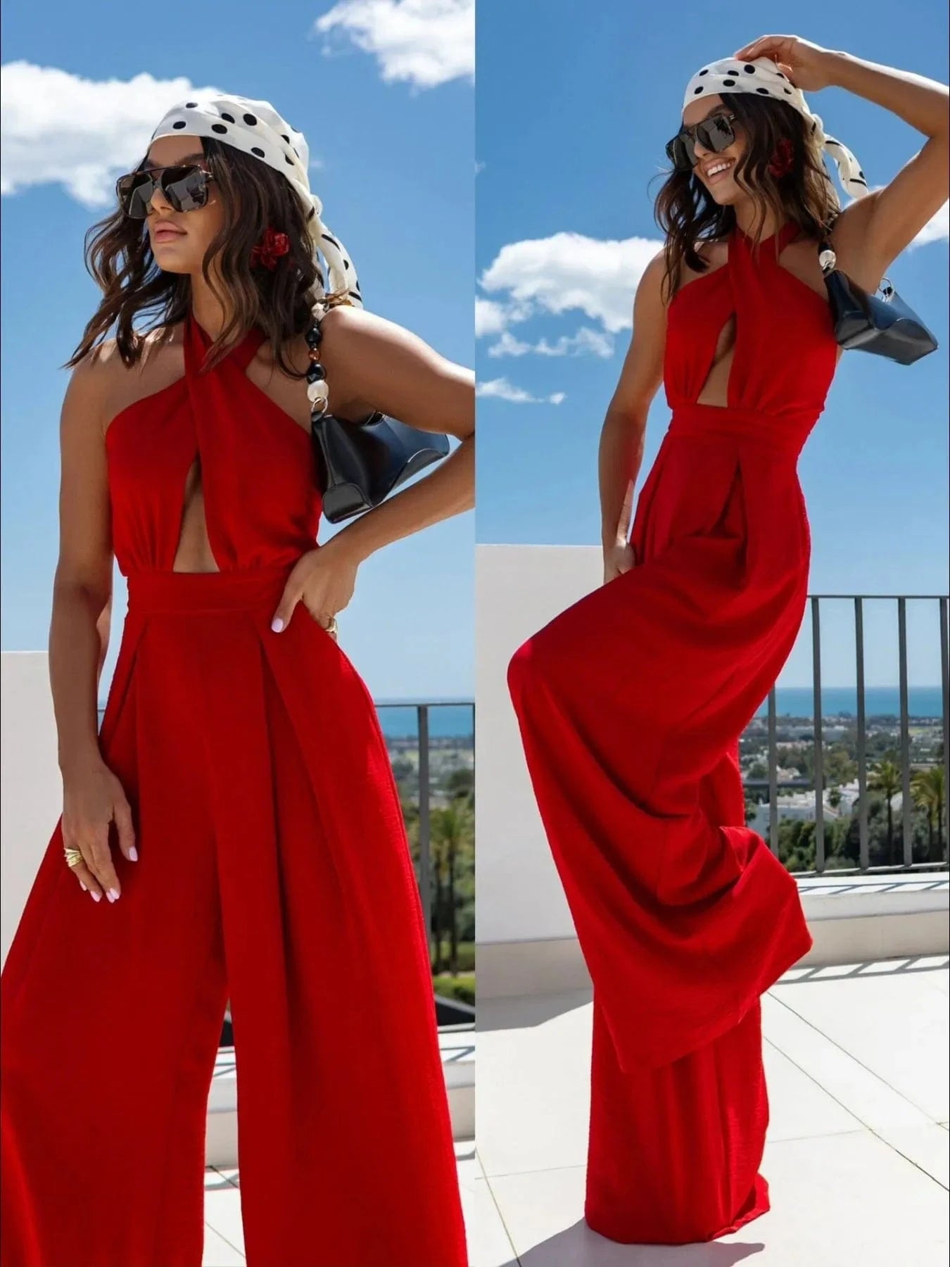 Wide Leg Cutout Halter Neck Jumpsuit Red / S The Nichole Collection