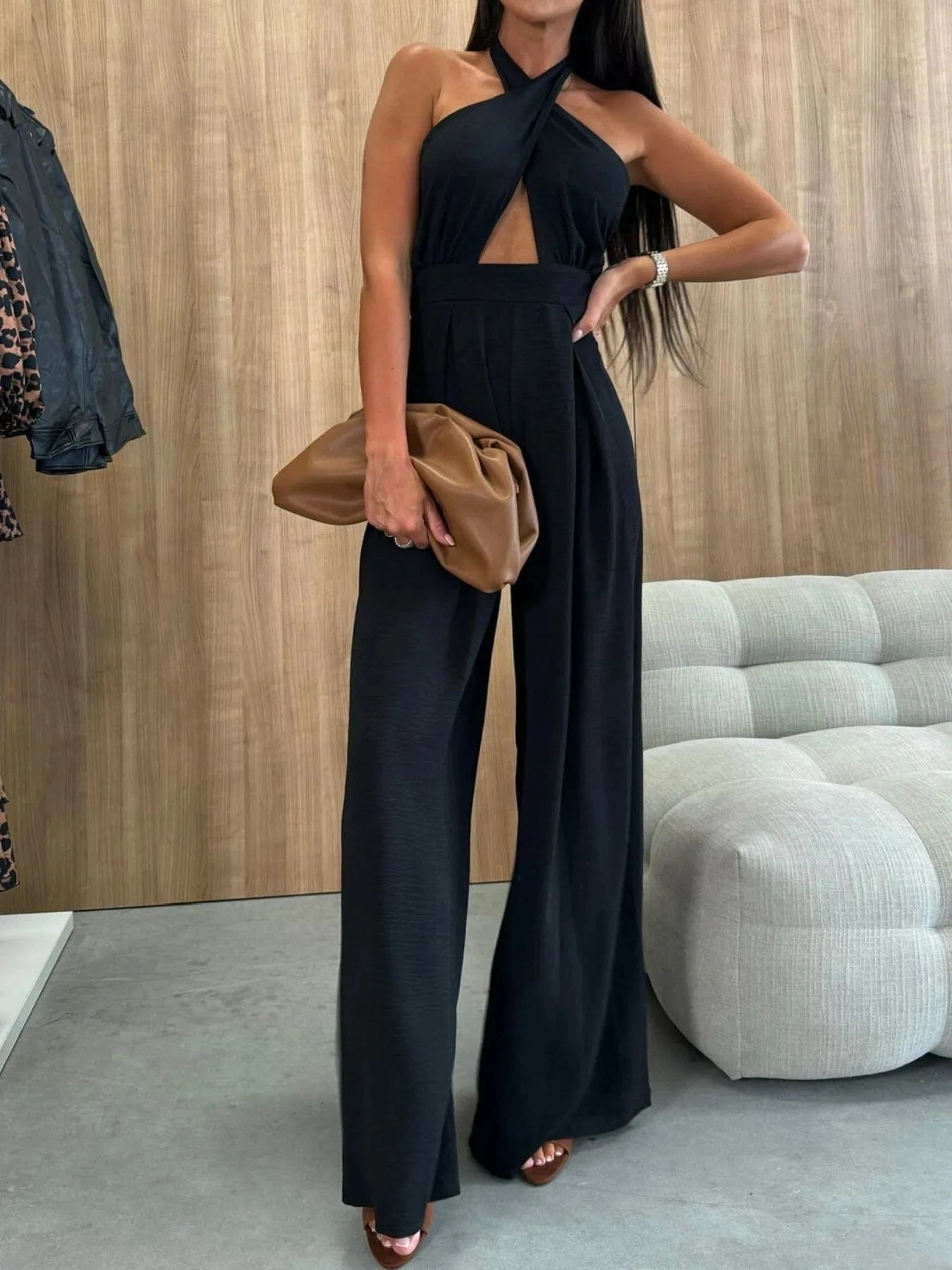 Wide Leg Cutout Halter Neck Jumpsuit The Nichole Collection