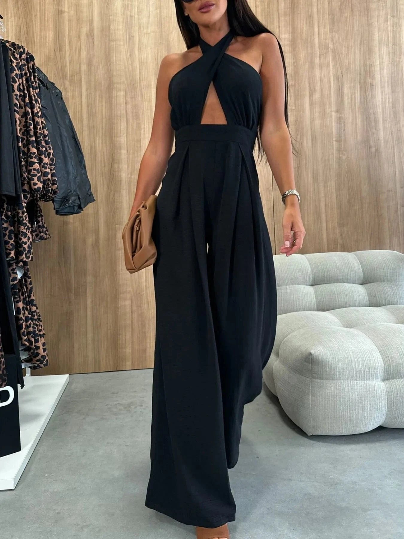 Wide Leg Cutout Halter Neck Jumpsuit Black / S The Nichole Collection