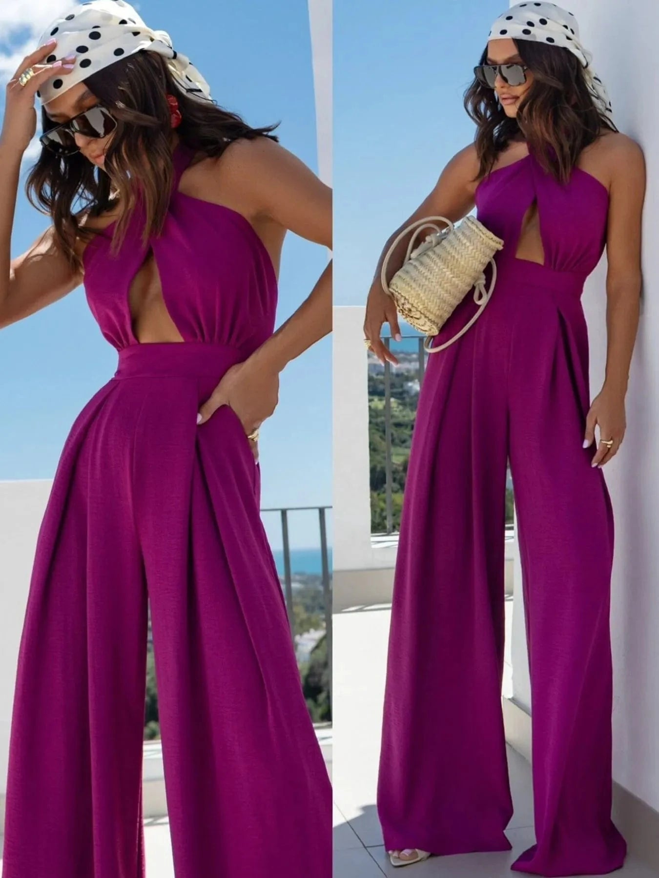 Wide Leg Cutout Halter Neck Jumpsuit Purple / S The Nichole Collection