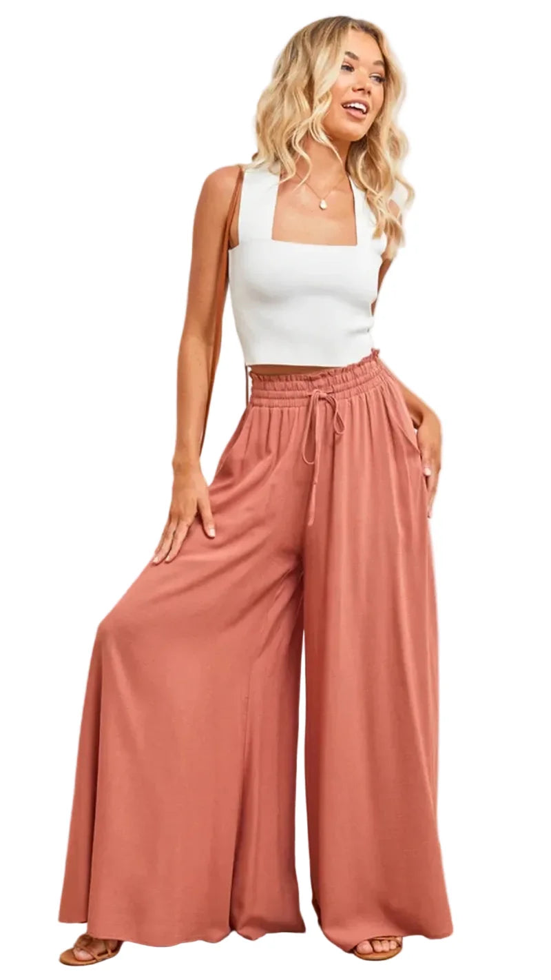 Wide Leg Elastic Waist Pants – Casual Summer Comfort Coral / S The Nichole Collection