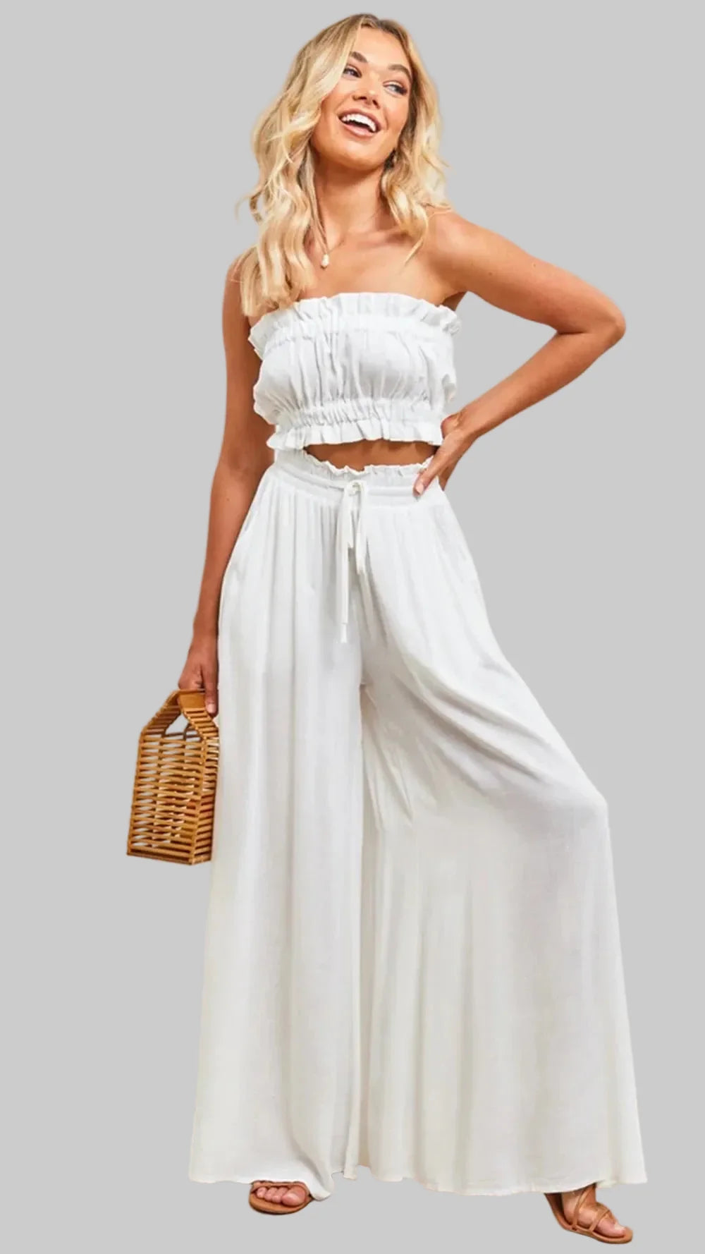Wide Leg Elastic Waist Pants – Casual Summer Comfort White / S The Nichole Collection