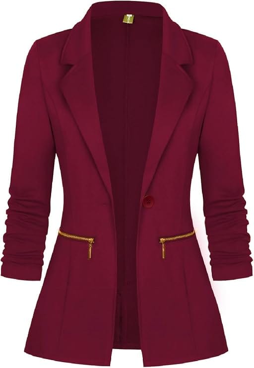 Long Sleeve Open Front Blazer with Gold Zipper Pockets