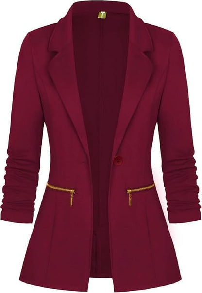 Long Sleeve Open Front Blazer with Gold Zipper Pockets