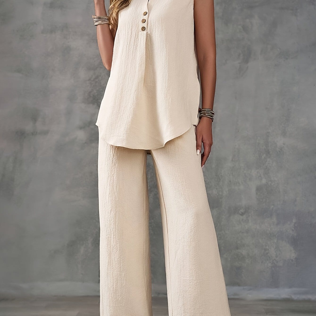 Women’s 2-Piece Summer Outfit – Sleeveless V-Neck Top & Wide Leg Pants Set Two Piece Pants Sets Apricot / S The Nichole Collection