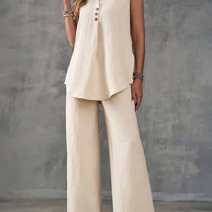 Women’s 2-Piece Summer Outfit – Sleeveless V-Neck Top & Wide Leg Pants Set Two Piece Pants Sets Apricot / S The Nichole Collection