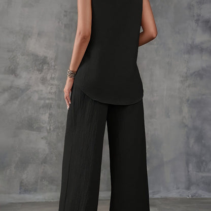 Women’s 2-Piece Summer Outfit – Sleeveless V-Neck Top & Wide Leg Pants Set Two Piece Pants Sets Black / S The Nichole Collection