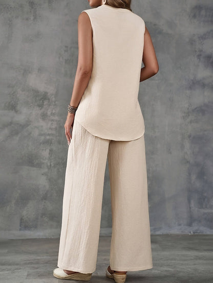 Women’s 2-Piece Summer Outfit – Sleeveless V-Neck Top & Wide Leg Pants Set Two Piece Pants Sets The Nichole Collection