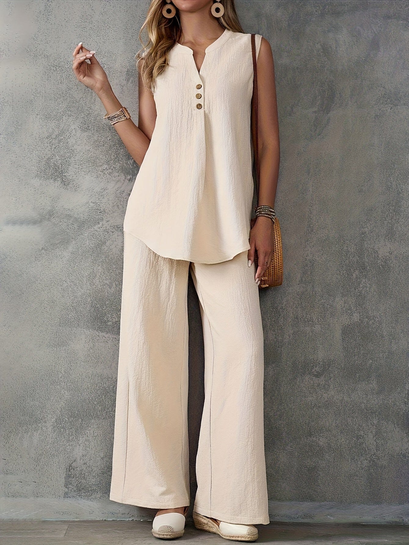 Women’s 2-Piece Summer Outfit – Sleeveless V-Neck Top & Wide Leg Pants Set Two Piece Pants Sets The Nichole Collection