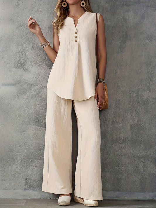 Women’s 2-Piece Summer Outfit – Sleeveless V-Neck Top & Wide Leg Pants Set Two Piece Pants Sets The Nichole Collection