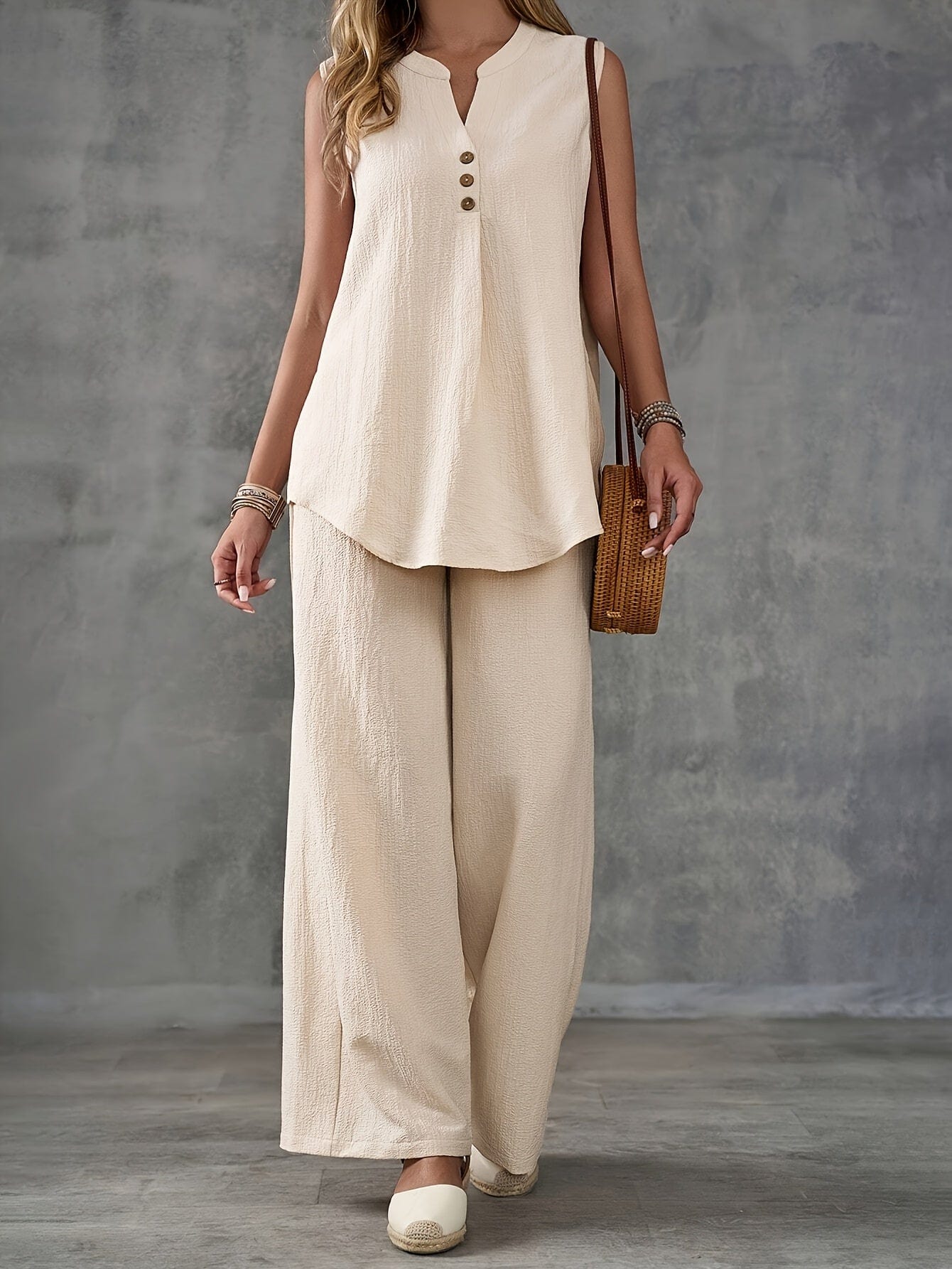 Women’s 2-Piece Summer Outfit – Sleeveless V-Neck Top & Wide Leg Pants Set Two Piece Pants Sets The Nichole Collection