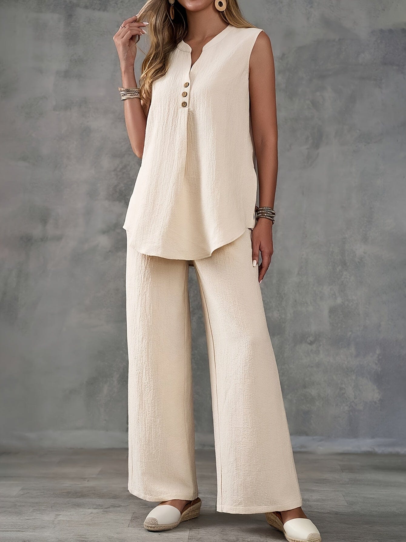 Women’s 2-Piece Summer Outfit – Sleeveless V-Neck Top & Wide Leg Pants Set Two Piece Pants Sets The Nichole Collection