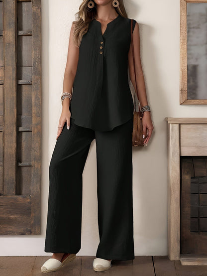 Women’s 2-Piece Summer Outfit – Sleeveless V-Neck Top & Wide Leg Pants Set Two Piece Pants Sets The Nichole Collection