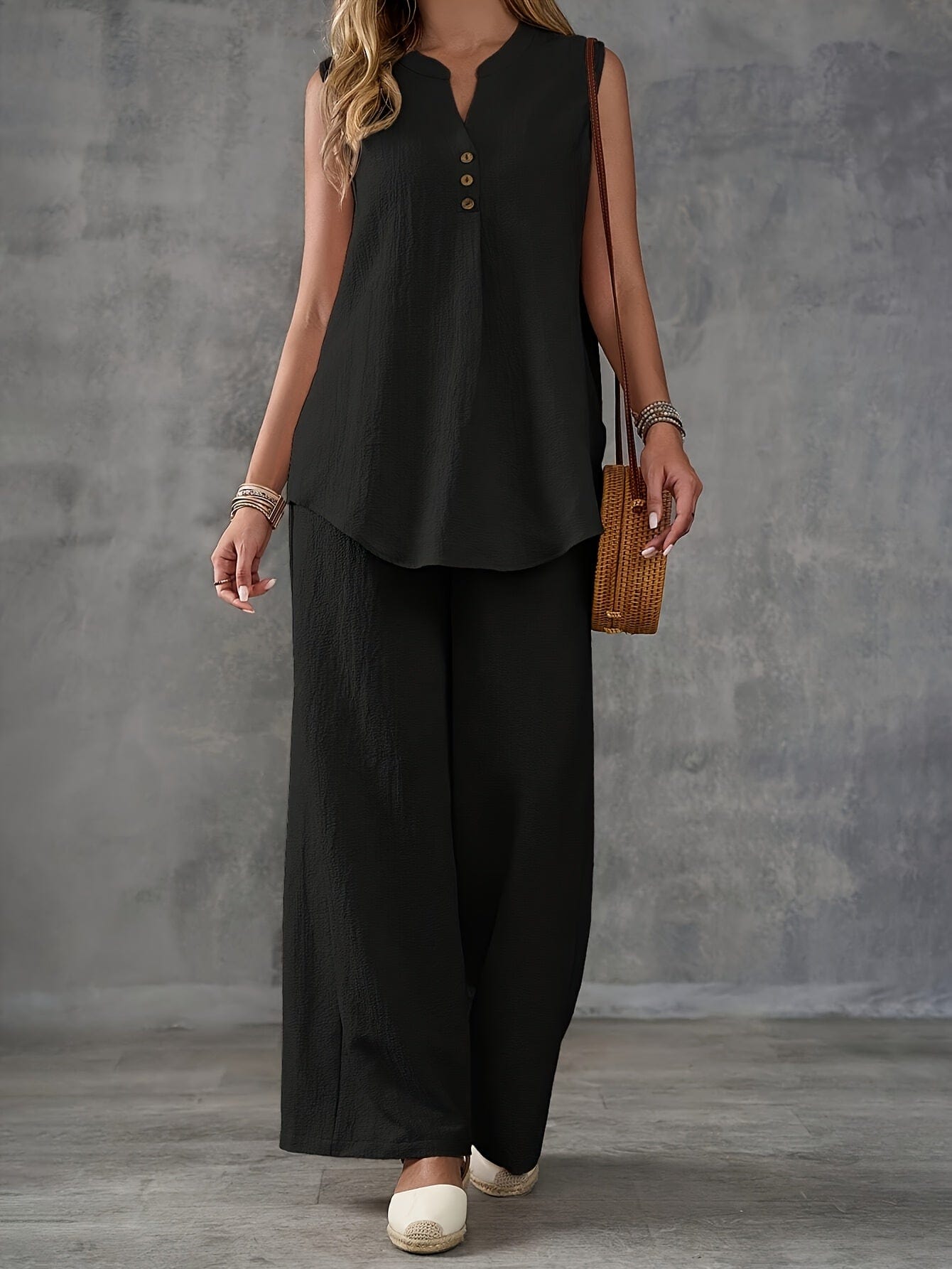 Women’s 2-Piece Summer Outfit – Sleeveless V-Neck Top & Wide Leg Pants Set Two Piece Pants Sets The Nichole Collection