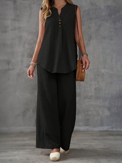 Women’s 2-Piece Summer Outfit – Sleeveless V-Neck Top & Wide Leg Pants Set Two Piece Pants Sets The Nichole Collection