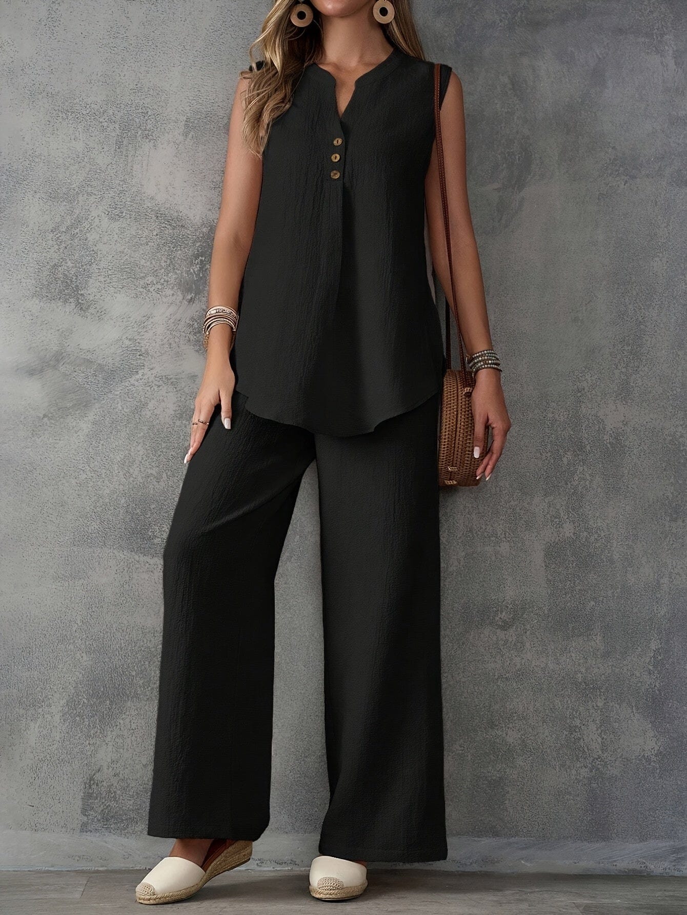 Women’s 2-Piece Summer Outfit – Sleeveless V-Neck Top & Wide Leg Pants Set Two Piece Pants Sets The Nichole Collection