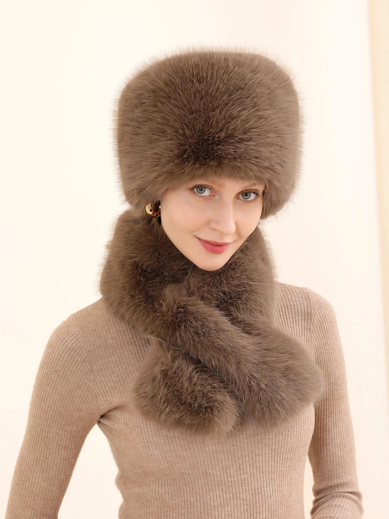 Women's 2pcs Set: Cozy Faux Fur Hat & Scarf Combo Coffee / 54-60 The Nichole Collection